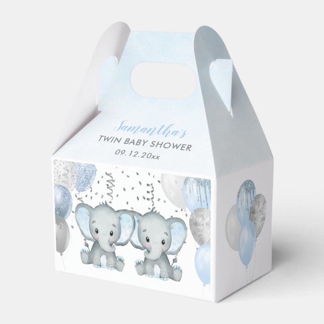 Cute Elephant Twin Boys Balloon Baby Shower Favor Boxes (Front Side)
