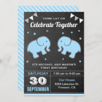 Cute Elephant Twin Boys Birthday Party Invitation