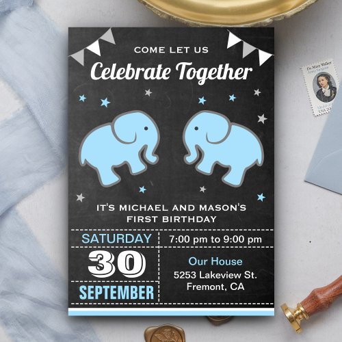 Cute Elephant Twin Boys Birthday Party Invitation