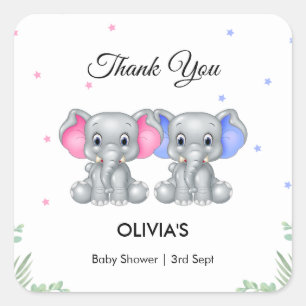 Cute Elephant Twin Girl Boy Baby Shower Thank You Square Sticker
