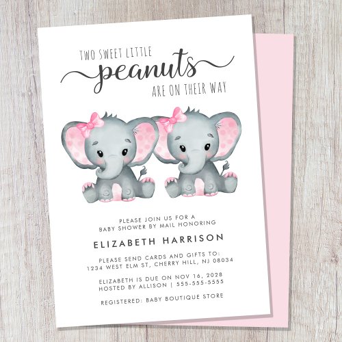 Cute Elephant Twin Girls Baby Shower By Mail Invitation