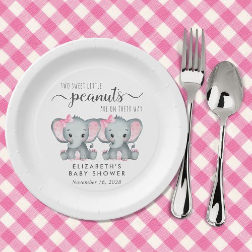 Cute Elephant Twin Girls Baby Shower Paper Plates