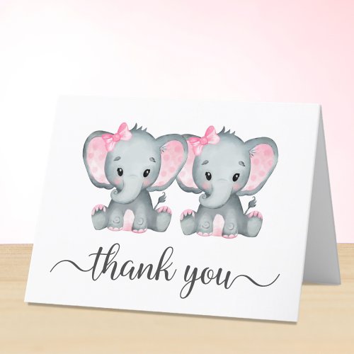 Cute Elephant Twin Girls Baby Shower Thank You Card