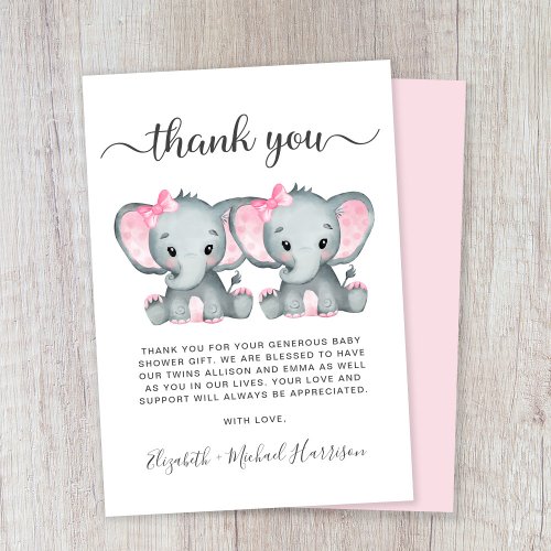 Cute Elephant Twin Girls Baby Shower Thank You Card
