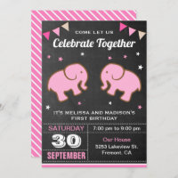 Cute Elephant Twin Girls Birthday Party Invitation