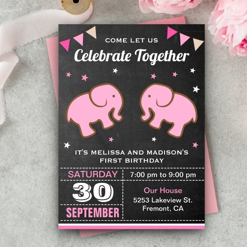 Cute Elephant Twin Girls Birthday Party Invitation