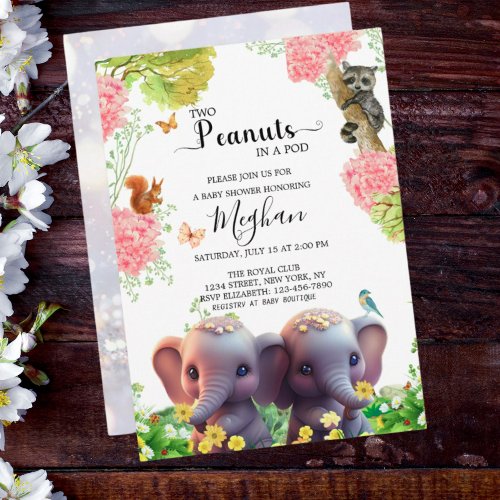 Cute Elephant Twins Baby Shower 2 Peanuts in a Pod Invitation