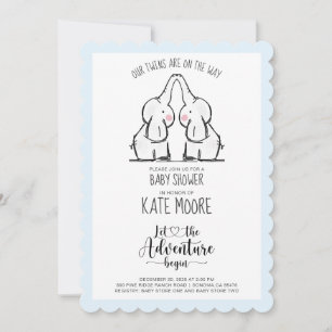 Cute Elephant Twins Baby Shower Blue Baby Boy Invitation