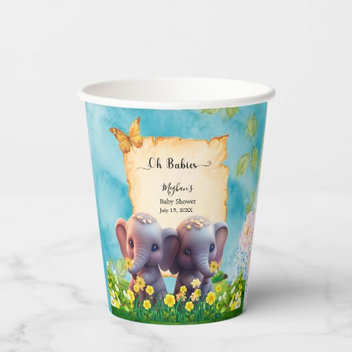 Cute Elephant Twins Baby Shower Blue Floral Custom Paper Cups