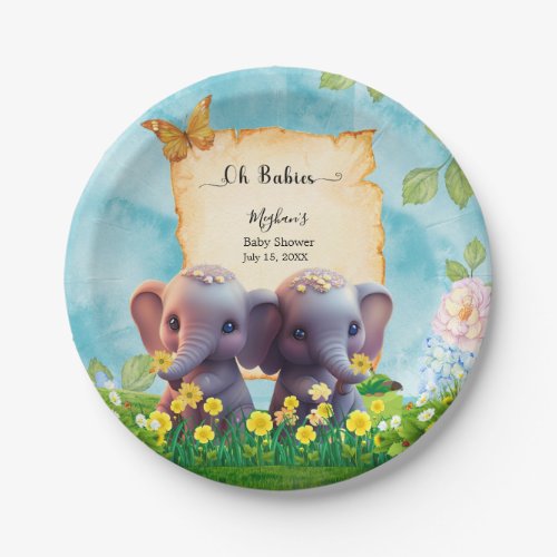 Cute Elephant Twins Baby Shower Blue Floral Custom Paper Plates