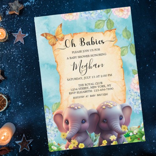 Cute Elephant Twins Baby Shower Blue Floral Invitation