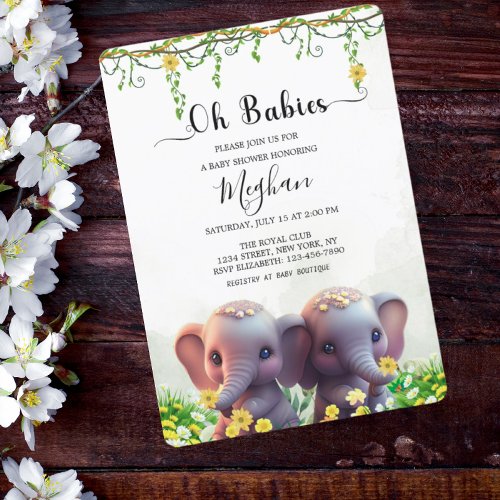 Cute Elephant Twins Baby Shower Floral Greenery  Invitation