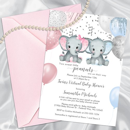 Cute Elephant Twins Balloon Virtual Baby Shower Invitation