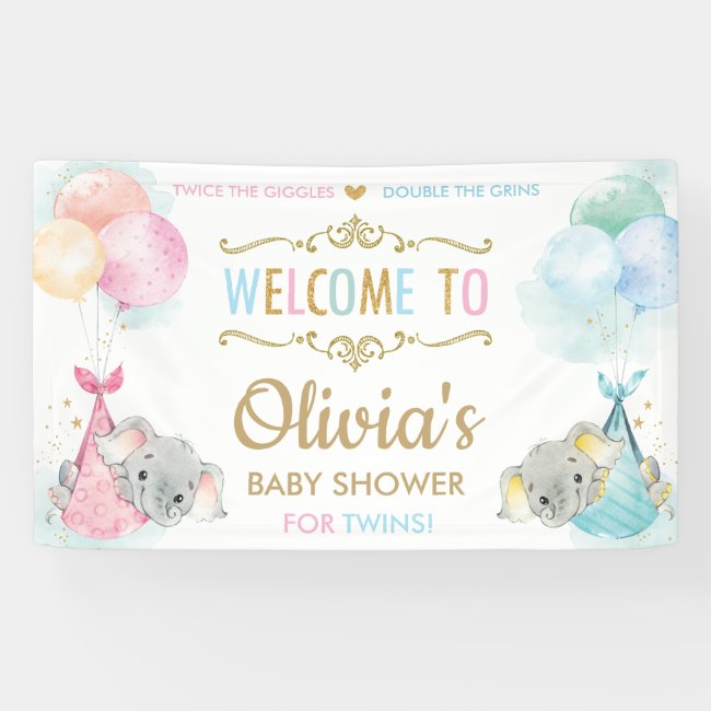 Cute Elephant Twins Boy Girl Baby Shower Backdrop Banner