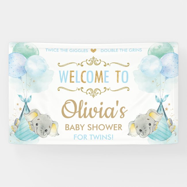 Cute Elephant Twins Boys Baby Shower Backdrop Banner