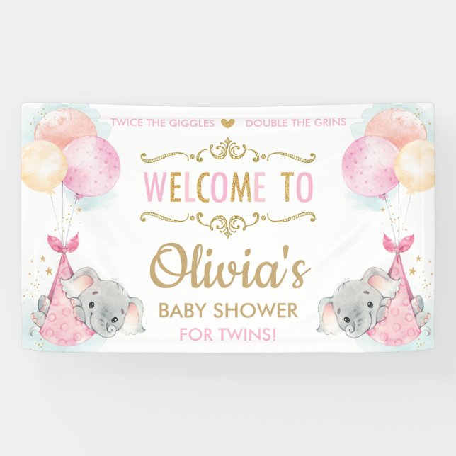 Cute Elephant Twins Girls Baby Shower Backdrop Banner (Horizontal)