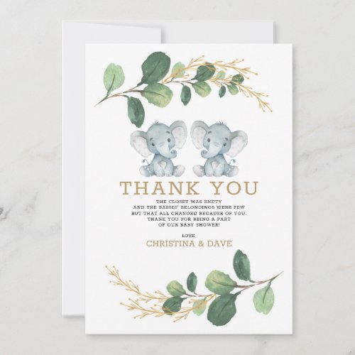 Cute Elephant Twins Greenery Gold Baby Shower Thank You Card