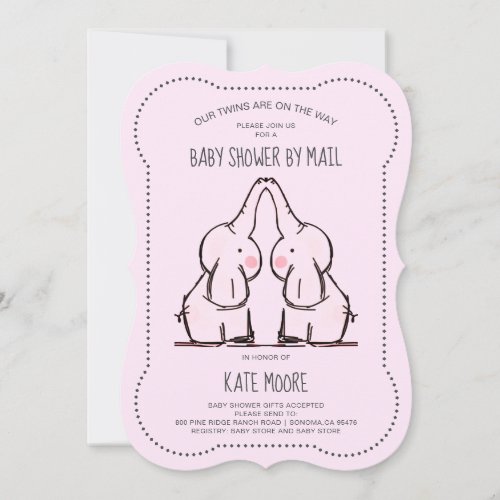 Cute Elephant Twins Pink Girl Baby Shower by Mail Invitation