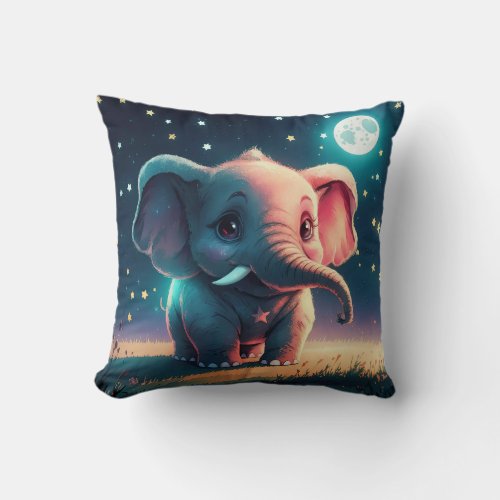 Cute Elephant under Full Moon Light Throw Pillow