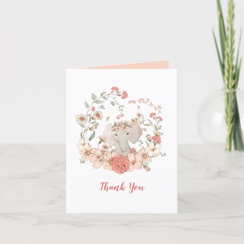 Cute Elephant Vintage Floral Peach Blank Inside Thank You Card