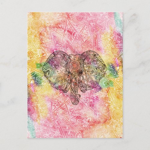 Cute Elephant Watecolor hand drawn Henna floral Postcard