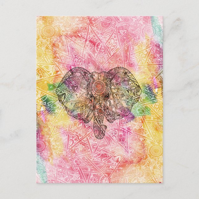 Cute Elephant Watecolor hand drawn Henna floral Postcard (Front)