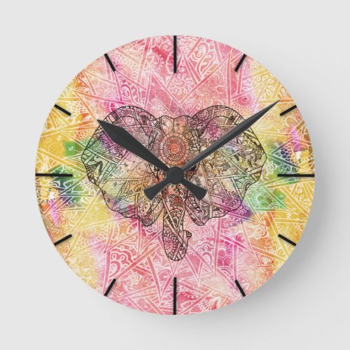 Cute Elephant Watecolor hand drawn Henna floral Round Clock
