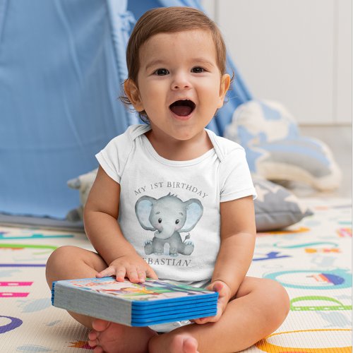 Cute Elephant Watercolor 1st Birthday Boy Baby Bodysuit