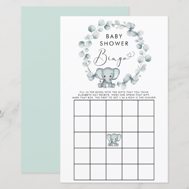 Cute Elephant Watercolor Baby Bingo Shower Game (Front/Back)