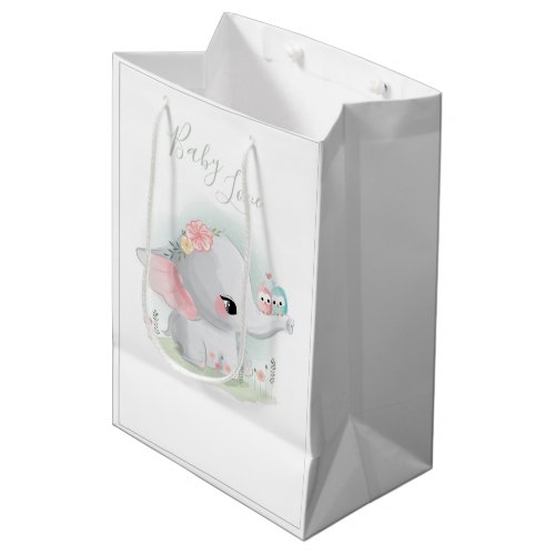 Cute Elephant Watercolor Baby Love Sage Green Medium Gift Bag