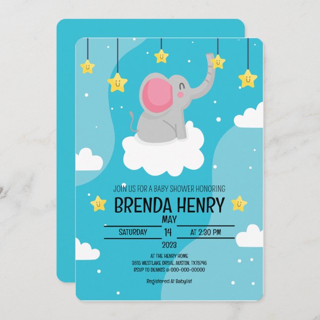 Cute Elephant Watercolor Baby Shower Announcement (Front/Back)