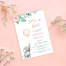 Cute Elephant Watercolor Balloon Pink Baby Shower