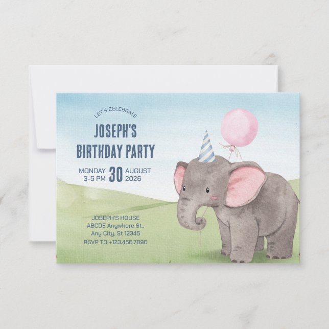 Cute elephant watercolor birthday  invitation (Front)