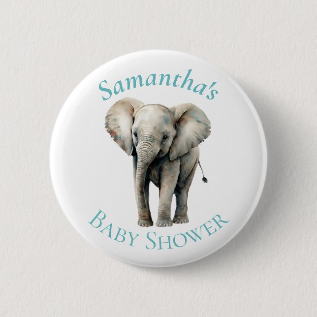 Cute Elephant  Watercolor Blue Baby Shower  Button (Front)