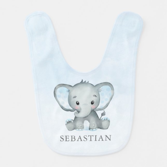 Cute Elephant Watercolor Boy Baby Bib (Front)