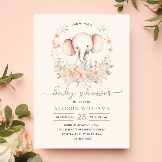 Cute Elephant Watercolor Floral Baby Girl Shower Invitation