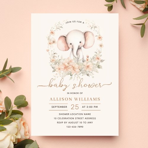 Cute Elephant Watercolor Floral Baby Girl Shower   Invitation