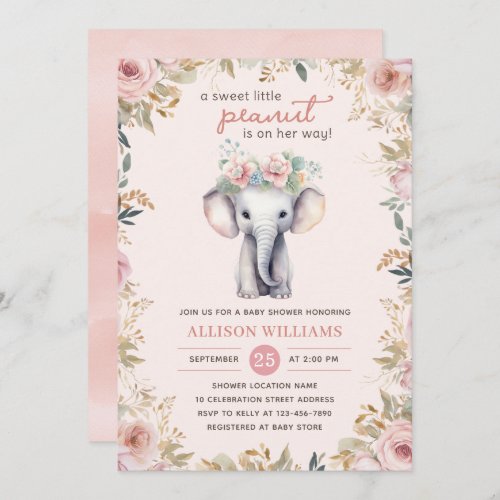 Cute Elephant Watercolor Floral Girl Baby Shower   Invitation
