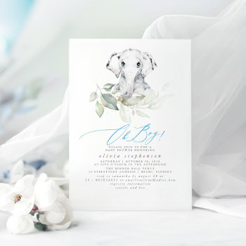 Cute Elephant Watercolor Greenery Baby Shower Invitation by lovelywow at Zazzle