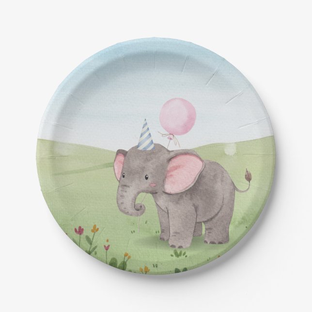 Cute elephant watercolor  paper plates (Front)