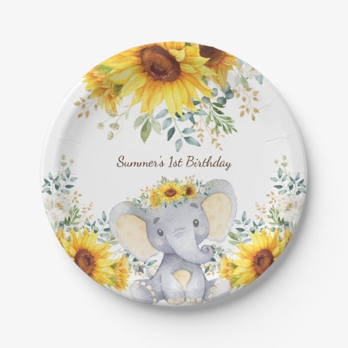 Cute Elephant Watercolor Sunflowers 1st Birthday Paper Plates