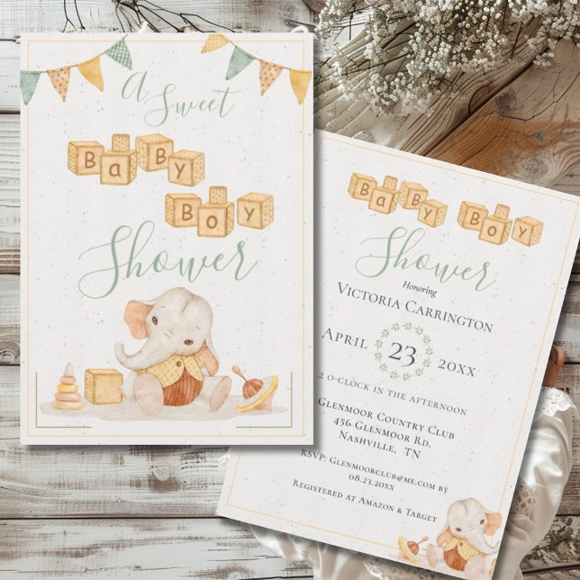 Cute Elephant Watercolor Sweet Baby Boy Shower Invitation (Creator Uploaded)