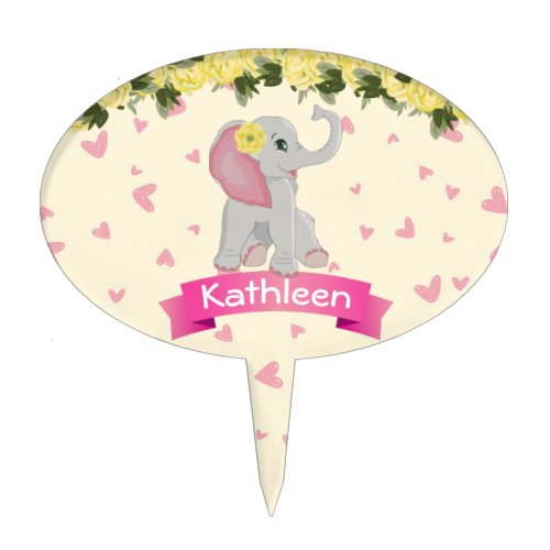 Cute Elephant Watercolor Yellow Floral Baby Shower Cake Topper