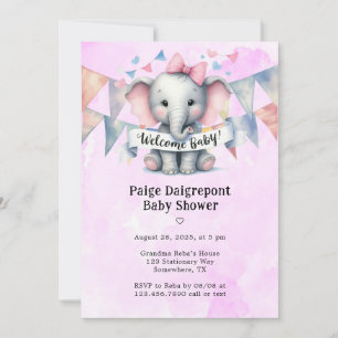 Cute Elephant Welcome Girl Baby Shower Invitation