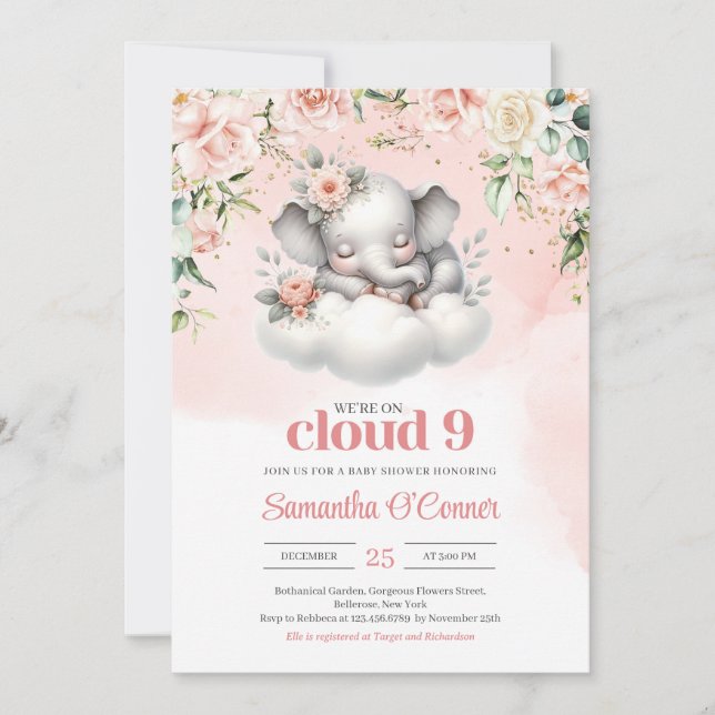 Cute elephant we're on cloud nine blush floral invitation (Front)