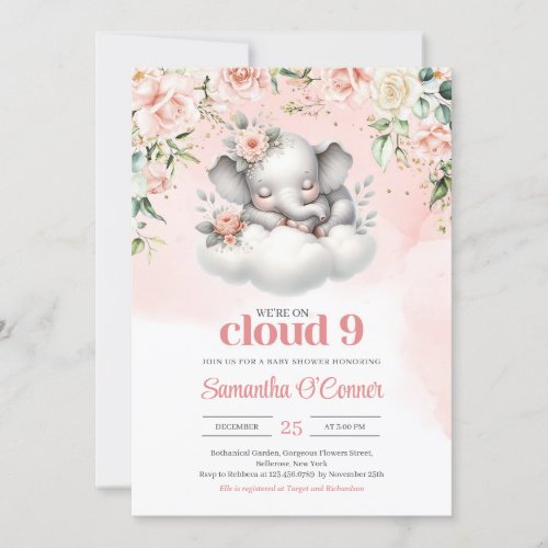 Cute elephant were on cloud nine blush floral invitation