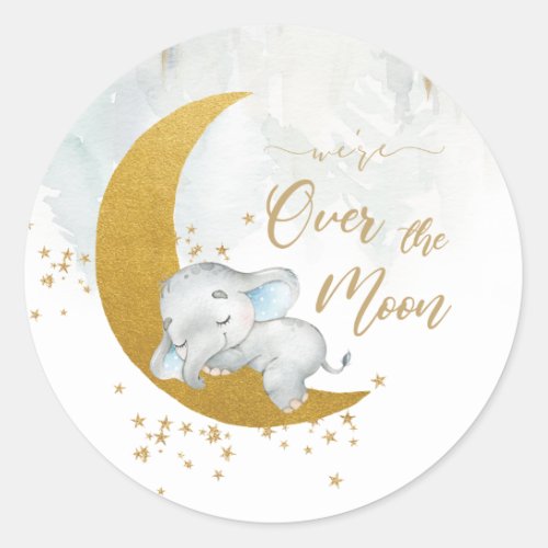 Cute Elephant Were Over the Moon Boy Baby Shower Classic Round Sticker