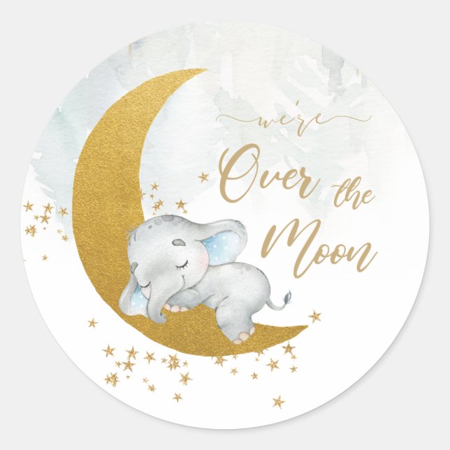 Cute Elephant We're Over the Moon Boy Baby Shower Classic Round Sticker (Front)