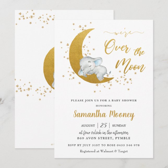 Cute Elephant We're Over the Moon Boy Baby Shower Invitation (Front/Back)