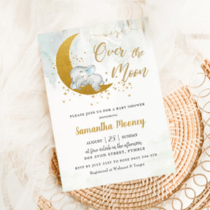 Cute Elephant We're Over the Moon Boy Baby Shower  Invitation
